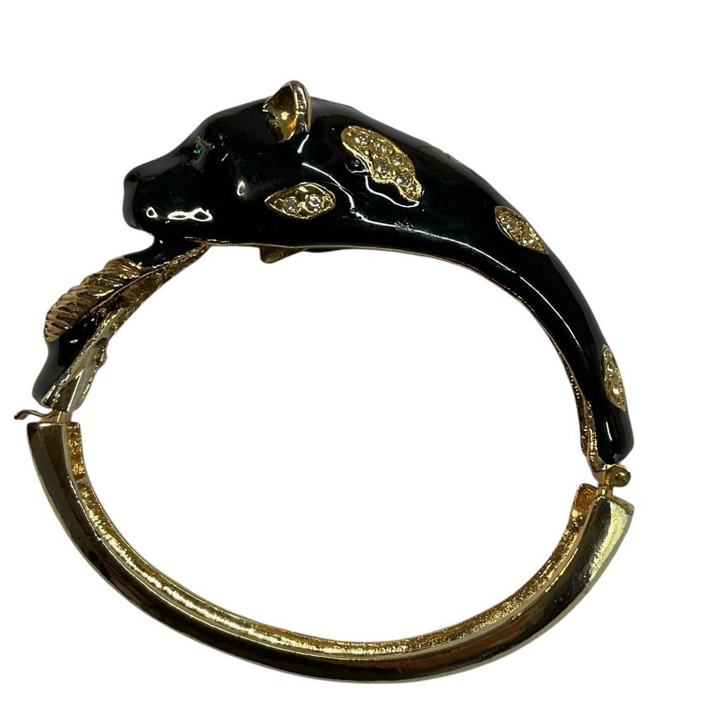 Vintage Black and Gold Enameled Panther Leopard Hinged Closure Bangle Bracelet